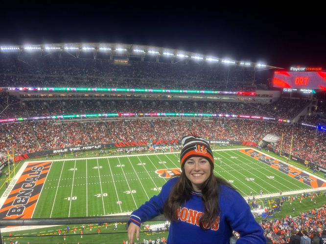 Amanda takes in a Bengals game while studying in Cincinnati.